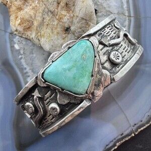 Native American Sterling Silver Natural Turquoise Decorated Bracelet For Women